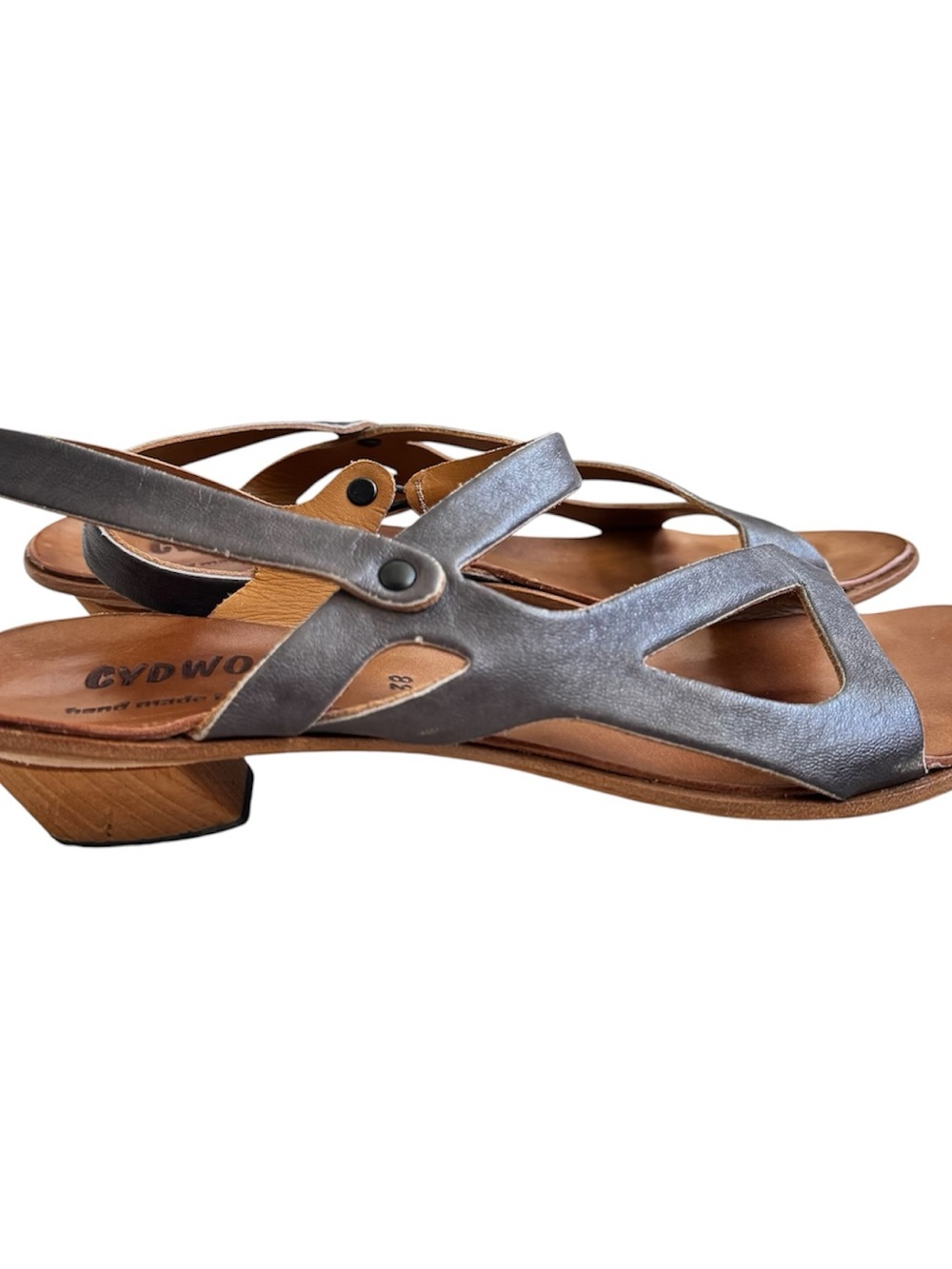 Cydwoq Brief Charcoal Pewter Leather Slingback Sandals Size 38 Wooden Block Heel